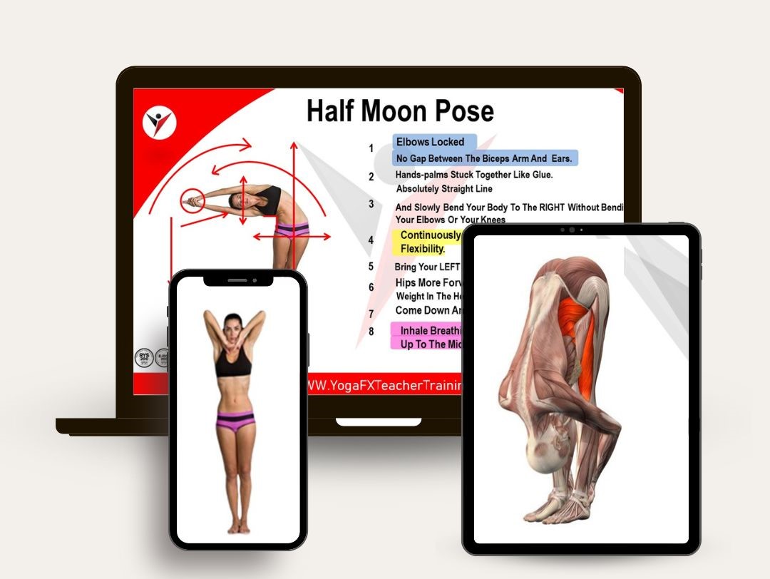 Half Moon posture lesson on laptop, tablet and phone, an example of online hot yoga teacher training material to preview before you pay